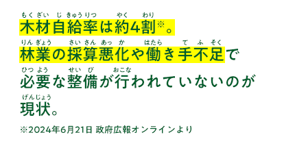 木材自給率は約4割。林業の採算悪化や働き手不足で
									必要な整備が行われていないのが
									現状。