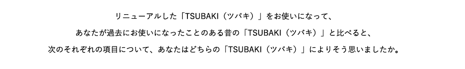 リニューアルした「TSUBAKI（ツバキ）」をお使いになって、あなたが過去にお使いになったことのある昔の「TSUBAKI（ツバキ）」と比べると、次のそれぞれの項目について、あなたはどちらの「TSUBAKI（ツバキ）」によりそう思いましたか。