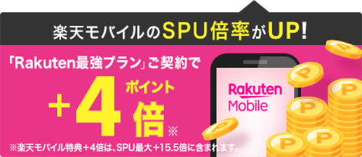 楽天モバイルのSPU倍率がUP！ 「Rakuten最強プラン」ご契約でポイント+4倍 ※楽天モバイル特典+4倍は、SPU最大+15.5倍に含まれます。