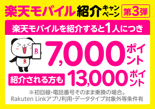 楽天モバイル紹介キャンペーン！紹介1人につき7,000ポイント