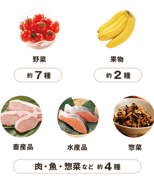 野菜（約9種）果物（約2種）、肉魚惣菜など（約4種）