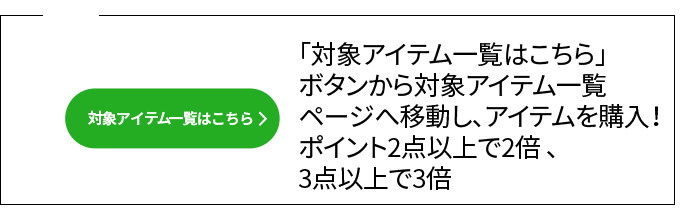 02 「対象アイテム一覧はこちら」 ボタンから対象アイテム一覧 ページへ移動し、アイテムを購入！ 2点購入で2倍、3点購入で3倍