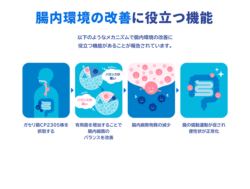 腸内環境の改善に役立つ機能 以下のようなメカニズムで腸内環境の改善に役立つ機能があることが報告されています。ガセリ菌CP2305株を摂取する 有用菌を増加することで腸内細菌のバランスを改善 腸内腐敗物質の減少 腸の蠕動運動が促され便性状が正常化