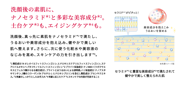 洗顔後の素肌に、ナノセラミド*1と多彩な美容成分*2。 土台ケア*3も、エイジングケア*4も。 洗顔後、真っ先に素肌をナノセラミド*1で満たし、うるおいや美容成分を抱え込み、健やかで美しい肌へ整えます。さらに、次に使う化粧水や美容液のなじみを高め、スキンケアの力を引き出します*5。*1 整肌成分：N-オレオイルフィトスフィンゴシン、ヒドロキシステアリルフィトスフィンゴシン、ステアロイルオキシヘプタコサノイルフィトスフィンゴシン *2 ブライト保湿成分：ナノAMA＋（ツボクサエキスとフェルラ酸からなる複合成分）、ブライトとはうるおいによる透明感。ハリ保湿成分：ナノアスタキサンチン、3種のコラーゲン（N-アセチル-L-ヒドロキシプロリンを含む）。整肌成分：アセンヤクエキス。 *3 角層のしっかりとしたお手入れ *4 年齢に応じたケア *5 スキンケアの内容が充実すること セラミド*1と豊富な美容成分*2で満たされて健やかで美しく整えられた肌