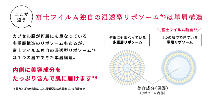 ここが違う 富士フイルム独自の浸透型リポソーム*5は単層構造 カプセル膜が何層にも重なっている多重層構造のリポソームもあるが、富士フイルム独自の浸透型リポソーム*5は１つの層でできた単層構造。 内側に美容成分をたっぷり含んで肌に届けます*6 *5 独自とは独自製法のこと。浸透型とは角層まで。 *6 角層まで 何重にも重なっている多重層リポソーム ＼富士フイルム独自*5／ 1つの層でできている単層リポソーム