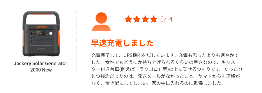 ★★★★／早速充電しました／充電完了して、UPS機能を試しています。充電も思ったよりも速やかでした。女性でもどうにか持ち上げられるくらいの重さなので、キャスター付き台車(例えば「ラクゴロ」等)の上に乗せるつもりです。たったひとつ残念だったのは、発送メールがなかったこと。ヤマトからも連絡がなく、置き配にしてしまい、家の中に入れるのに難儀しました。