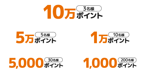 (3名様)30万ポイント／(5名様)5万ポイント／(10名様)1万ポイント／(30名様)5,000ポイント／(200名様)1,000ポイント